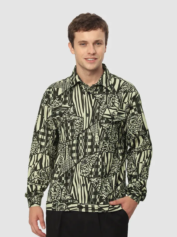 Green and Black Abstract Print Shacket