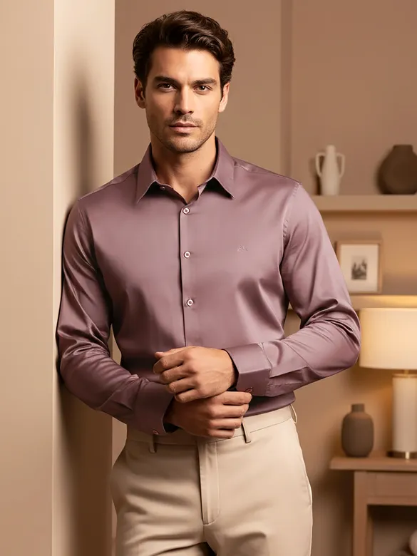 Man in a Mauve pink shining shirts with black trousers, posing against a red textured wall.
