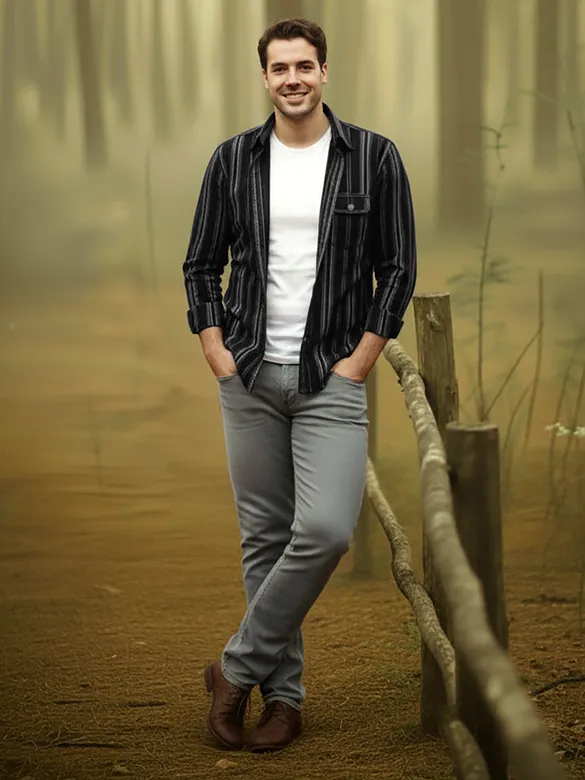 Black Striped Cotton Corduroy Shirt