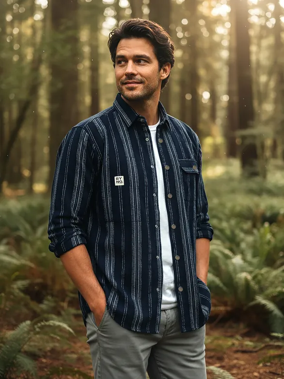 Navy Blue Striped Cotton Corduroy Shirt