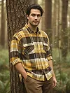 Collage of men's yellow recycled plaid flannel shirts featuring a checkered pattern, styled in casual and trendy look, 