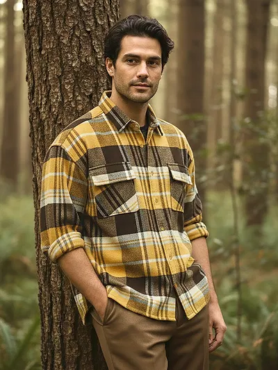 Collage of men's yellow recycled plaid flannel shirts featuring a checkered pattern, styled in casual and trendy look, 