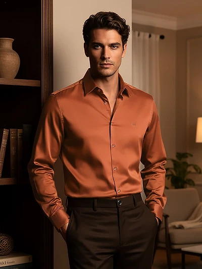 Man in an orange " Premium satin shirts " holding a glass, posing indoors.