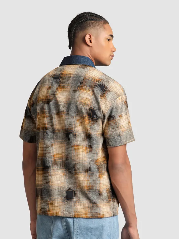 Brown and Blue Denim Collar Zipper Shirt