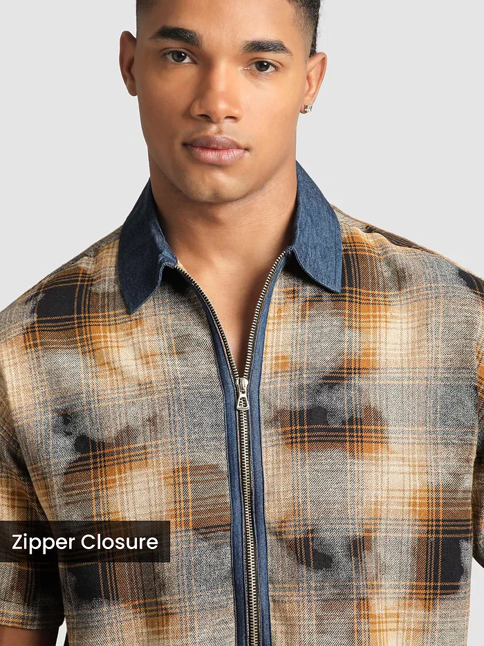 Brown and Blue Denim Collar Zipper Shirt