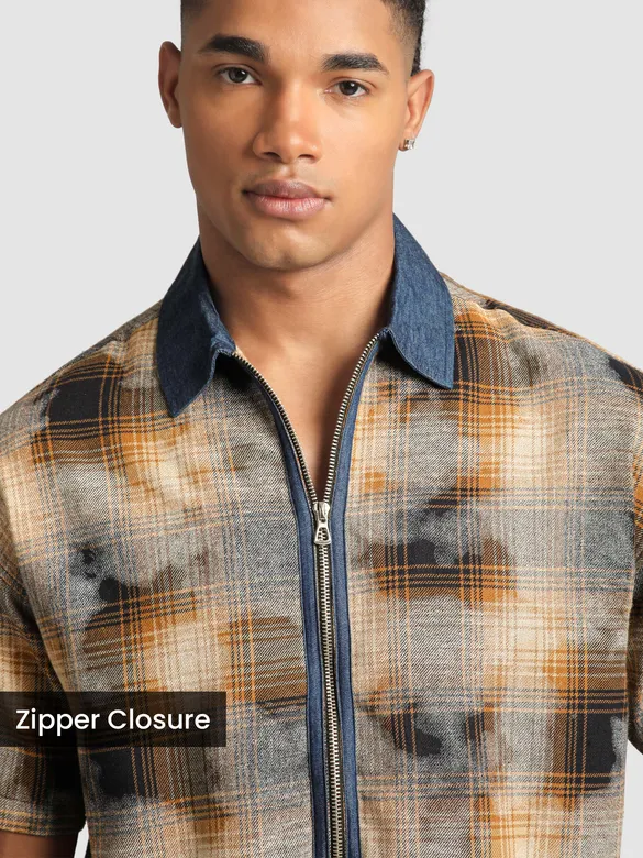 Brown and Blue Denim Collar Zipper Shirt