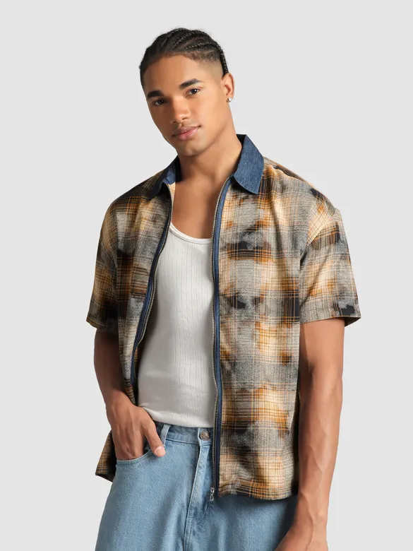 Brown and Blue Denim Collar Zipper Shirt