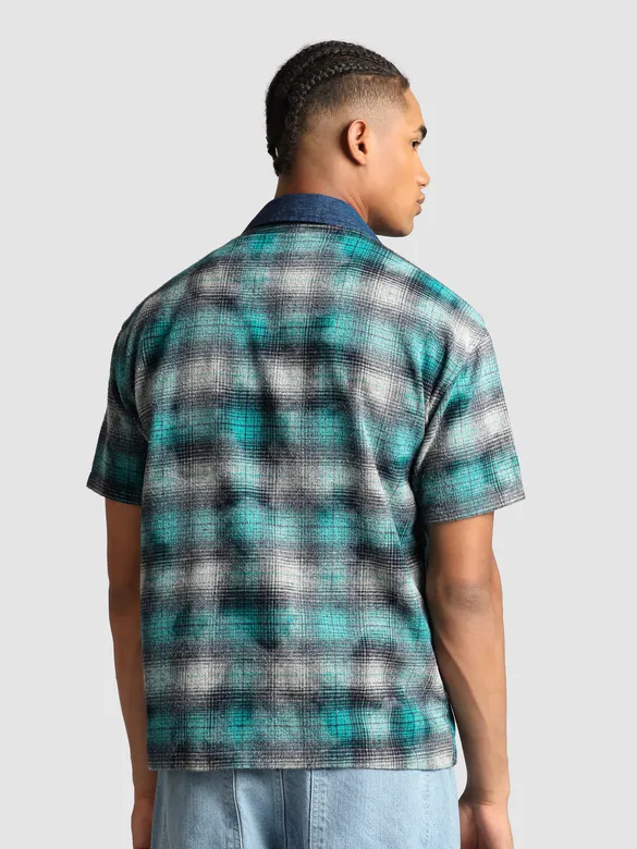 Green and Blue Denim Collar Zipper Shirt