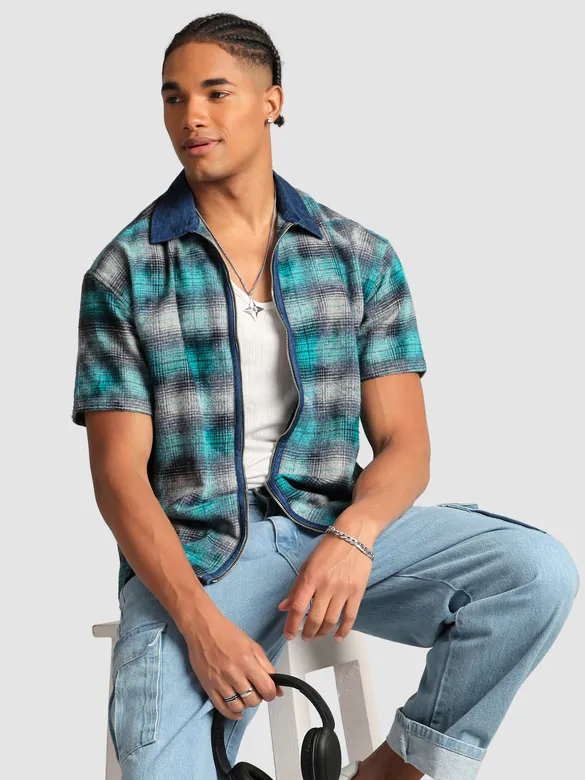 Green and Blue Denim Collar Zipper Shirt