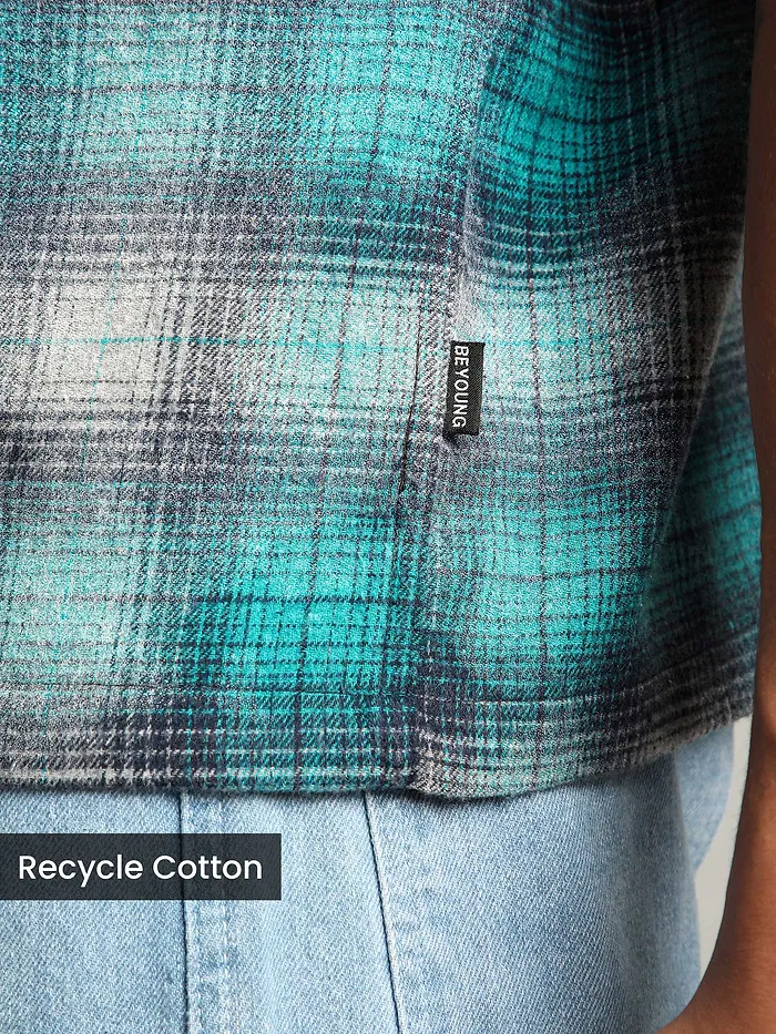 Green and Blue Denim Collar Zipper Shirt
