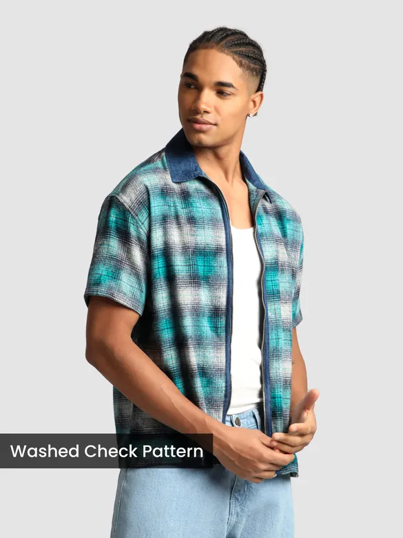 Green and Blue Denim Collar Zipper Shirt