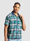 Green and Blue Denim Collar Zipper Shirt