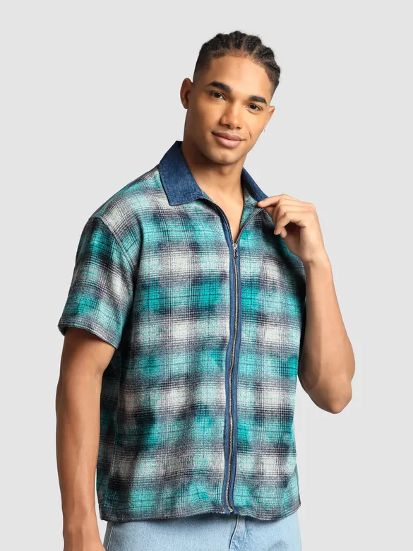 Green and Blue Denim Collar Zipper Shirt