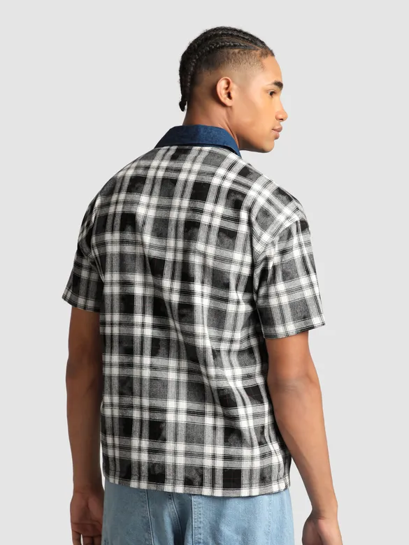 Grey and Blue Denim Collar Zipper Shirt