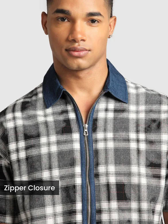 Grey and Blue Denim Collar Zipper Shirt