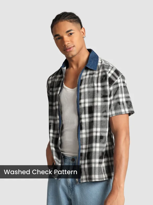 Grey and Blue Denim Collar Zipper Shirt