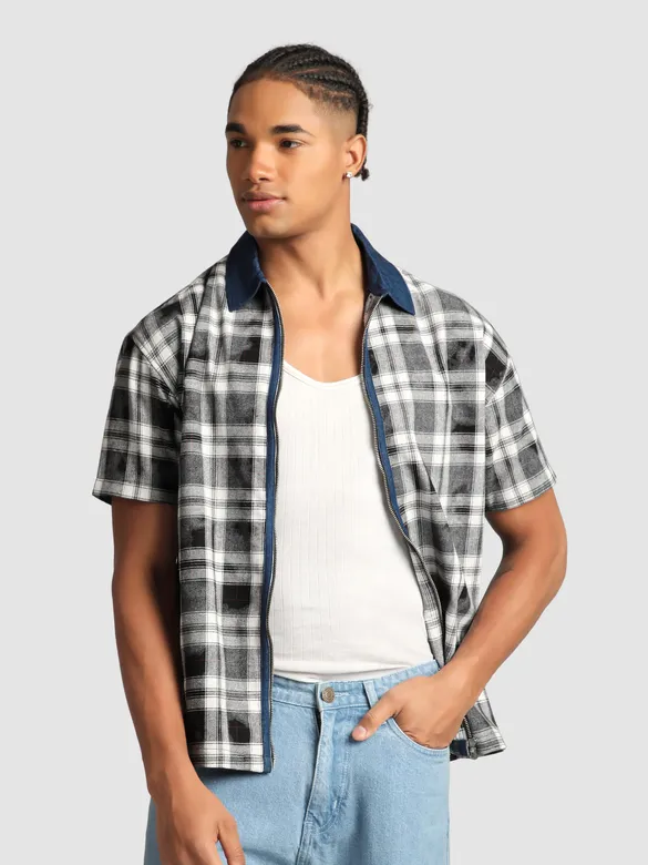 Grey and Blue Denim Collar Zipper Shirt