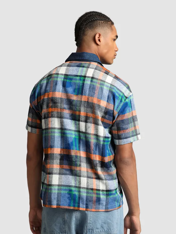 Orange and Blue Denim Collar Zipper Shirt