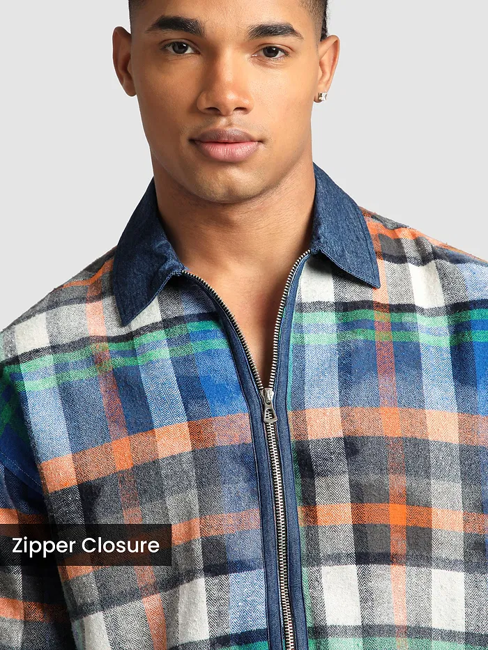 Orange and Blue Denim Collar Zipper Shirt