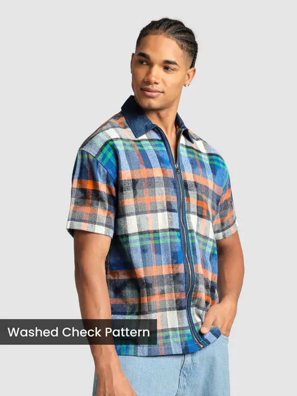 Orange and Blue Denim Collar Zipper Shirt