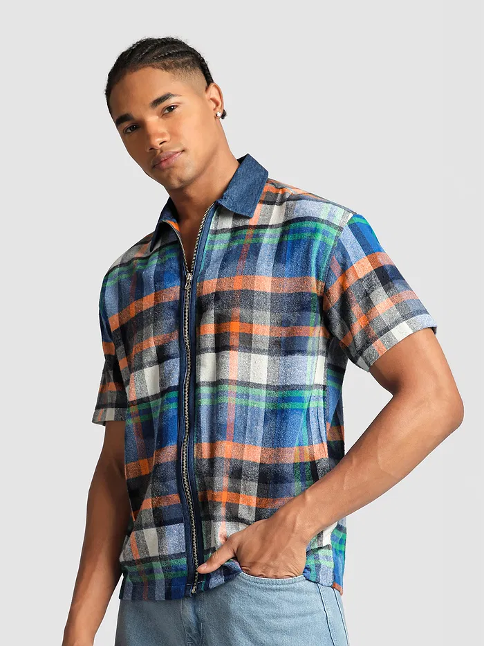 Orange and Blue Denim Collar Zipper Shirt