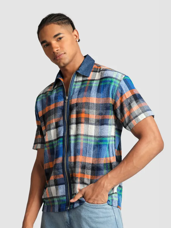 Orange and Blue Denim Collar Zipper Shirt
