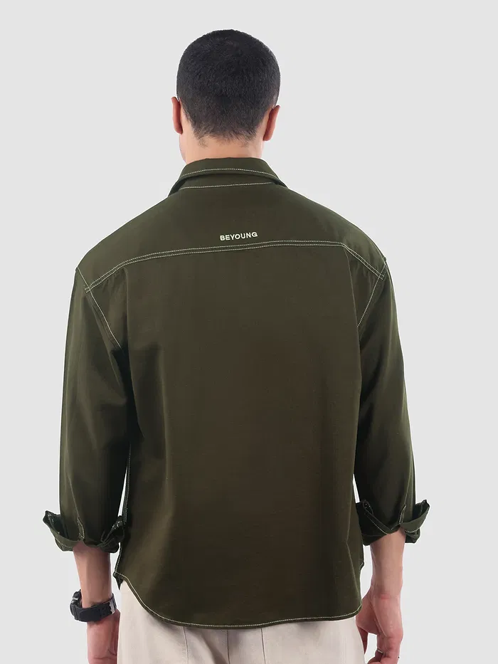 Army Green Dual Pocket Contrast Stitch Shirt