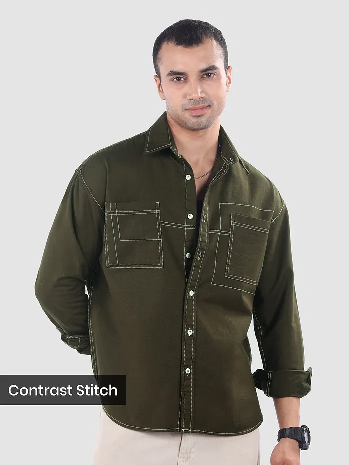 Army Green Dual Pocket Contrast Stitch Shirt