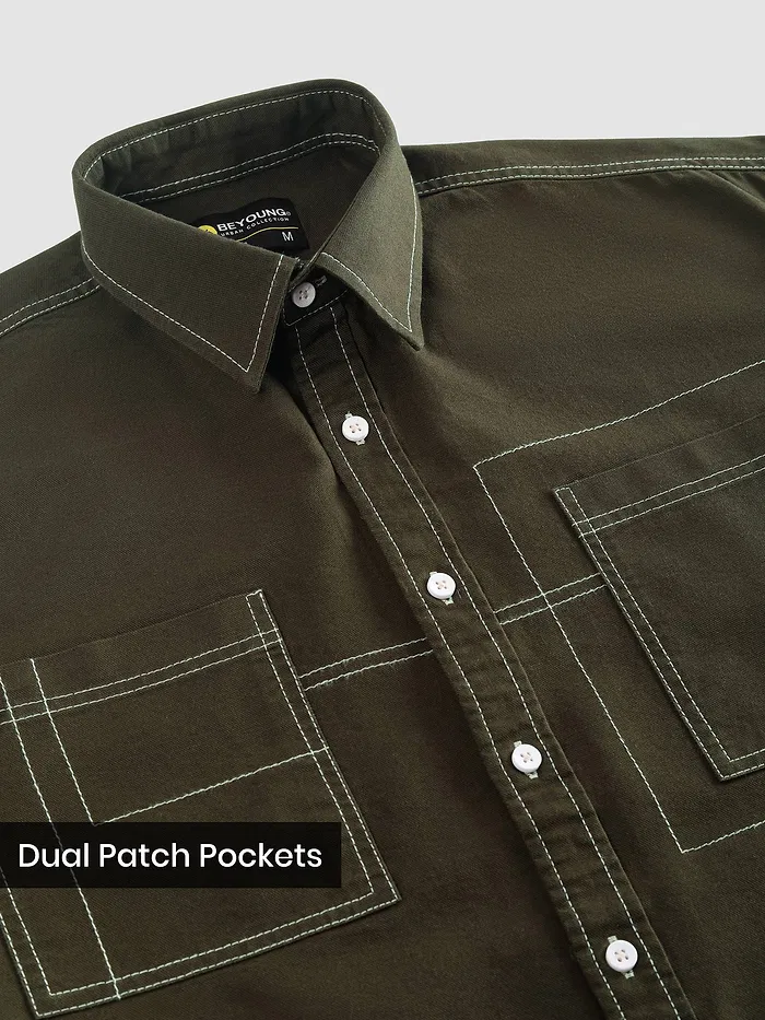Army Green Dual Pocket Contrast Stitch Shirt