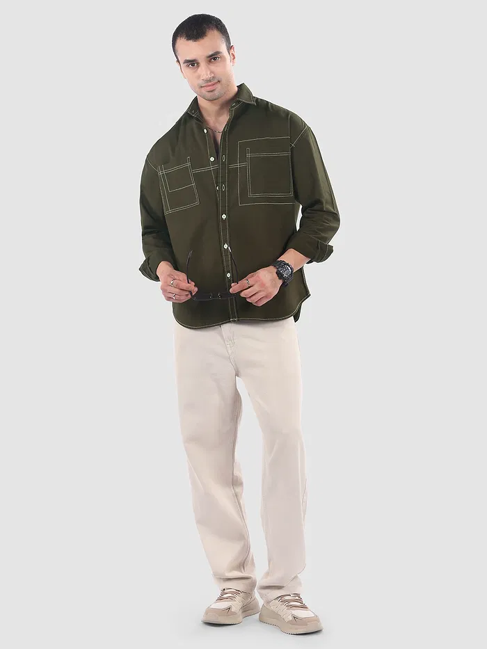 Army Green Dual Pocket Contrast Stitch Shirt