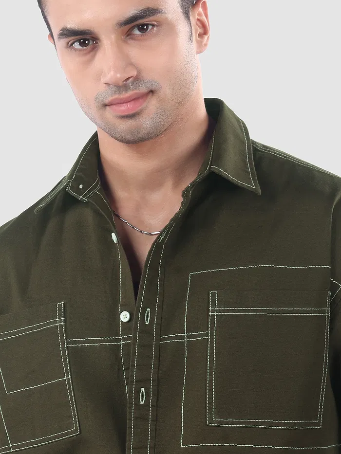 Army Green Dual Pocket Contrast Stitch Shirt