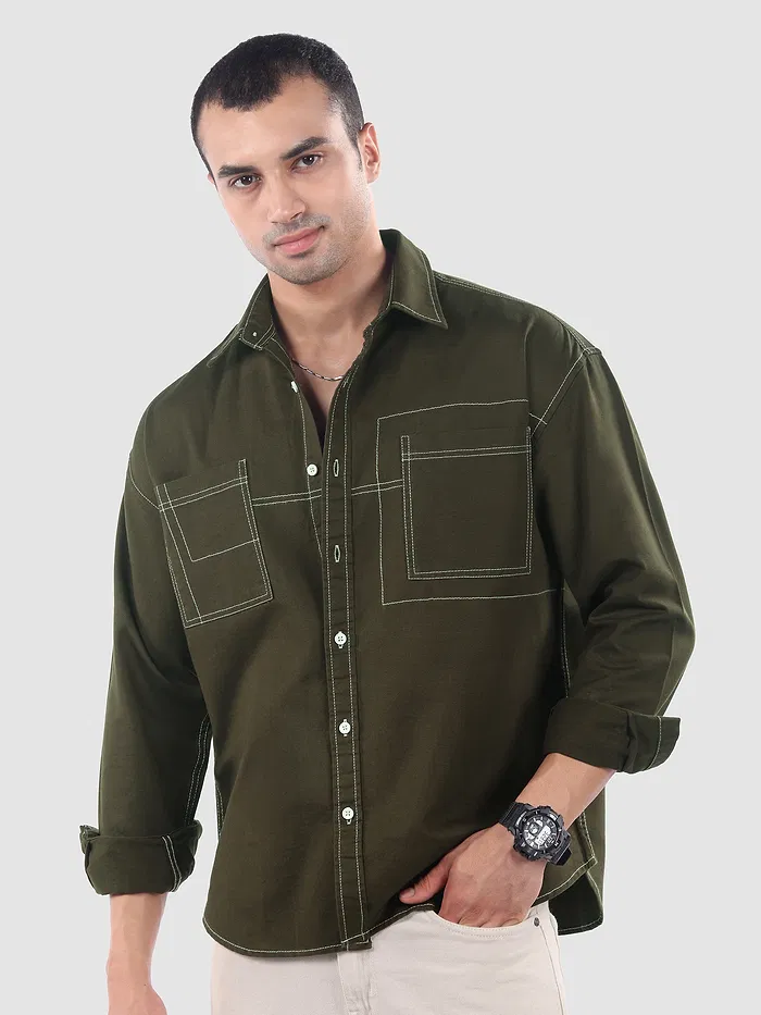 Army Green Dual Pocket Contrast Stitch Shirt