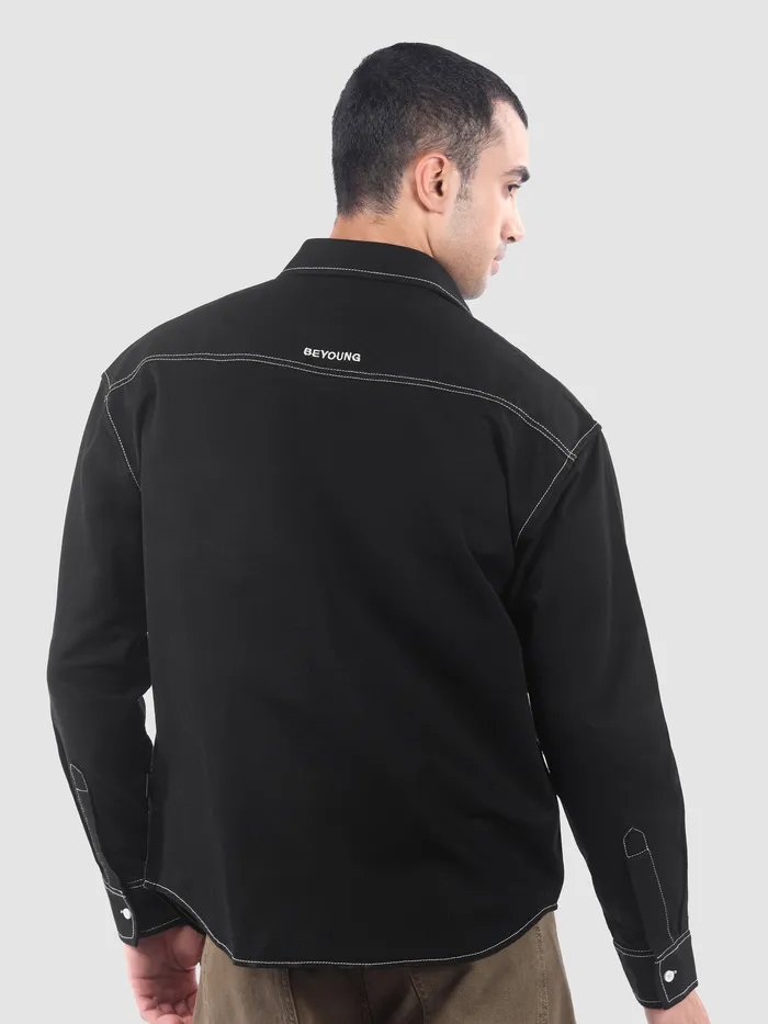 Black Dual Pocket Contrast Stitch Shirt