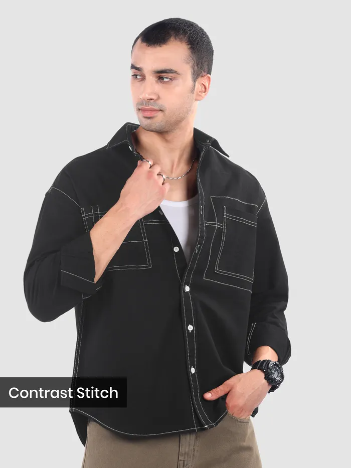 Black Dual Pocket Contrast Stitch Shirt