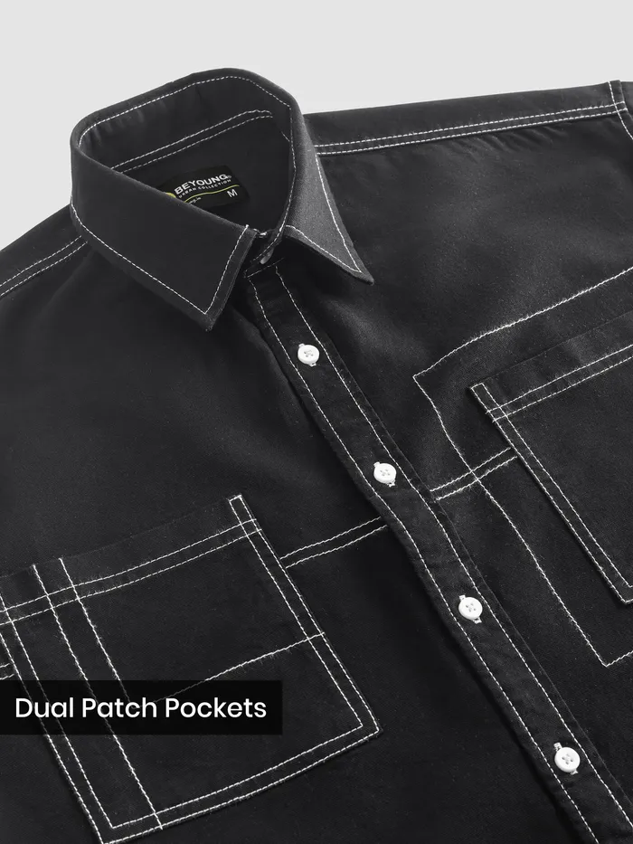 Black Dual Pocket Contrast Stitch Shirt
