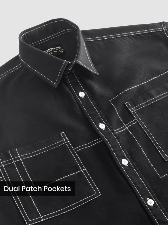 Black Dual Pocket Contrast Stitch Shirt
