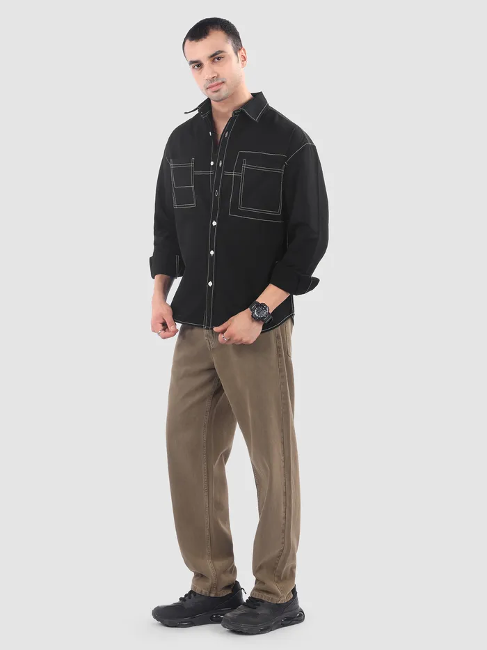 Black Dual Pocket Contrast Stitch Shirt
