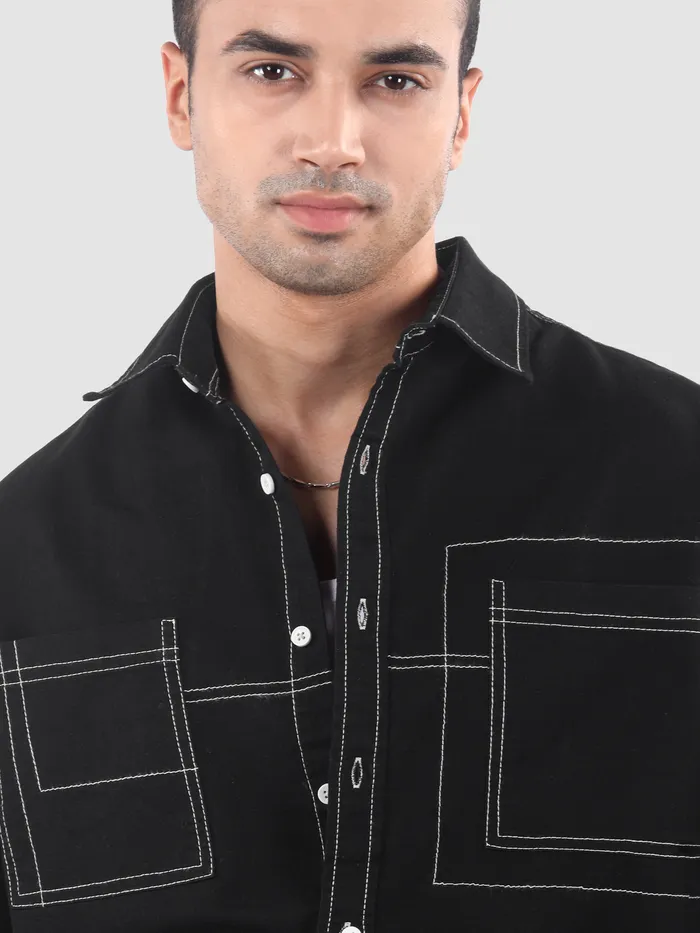 Black Dual Pocket Contrast Stitch Shirt
