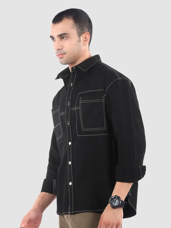 Black Dual Pocket Contrast Stitch Shirt