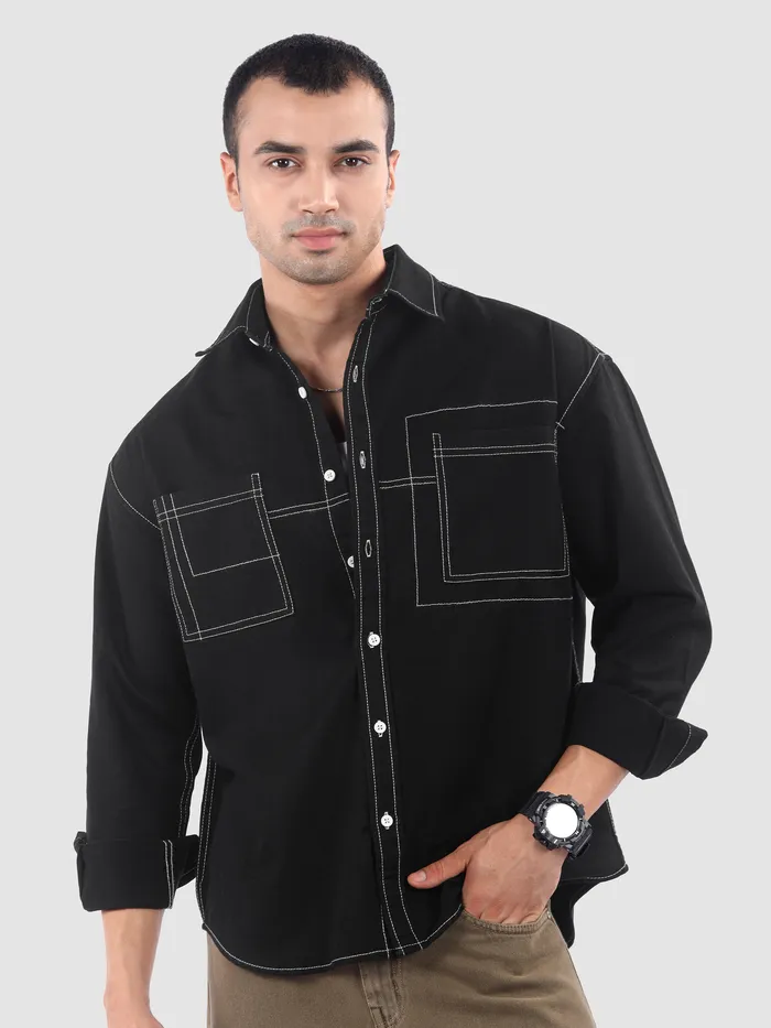 Black Dual Pocket Contrast Stitch Shirt