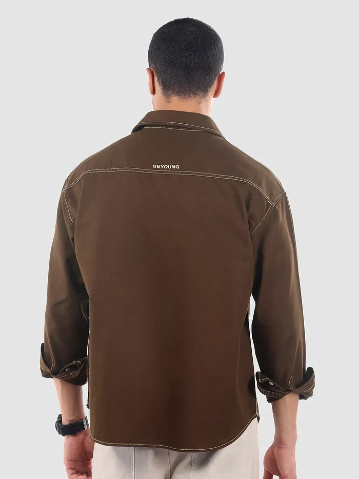 Brown Dual Pocket Contrast Stitch Shirt