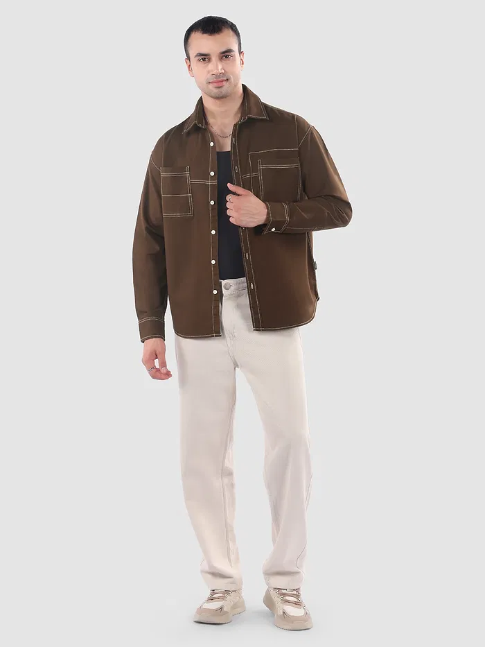Brown Dual Pocket Contrast Stitch Shirt