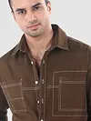 Brown Dual Pocket Contrast Stitch Shirt