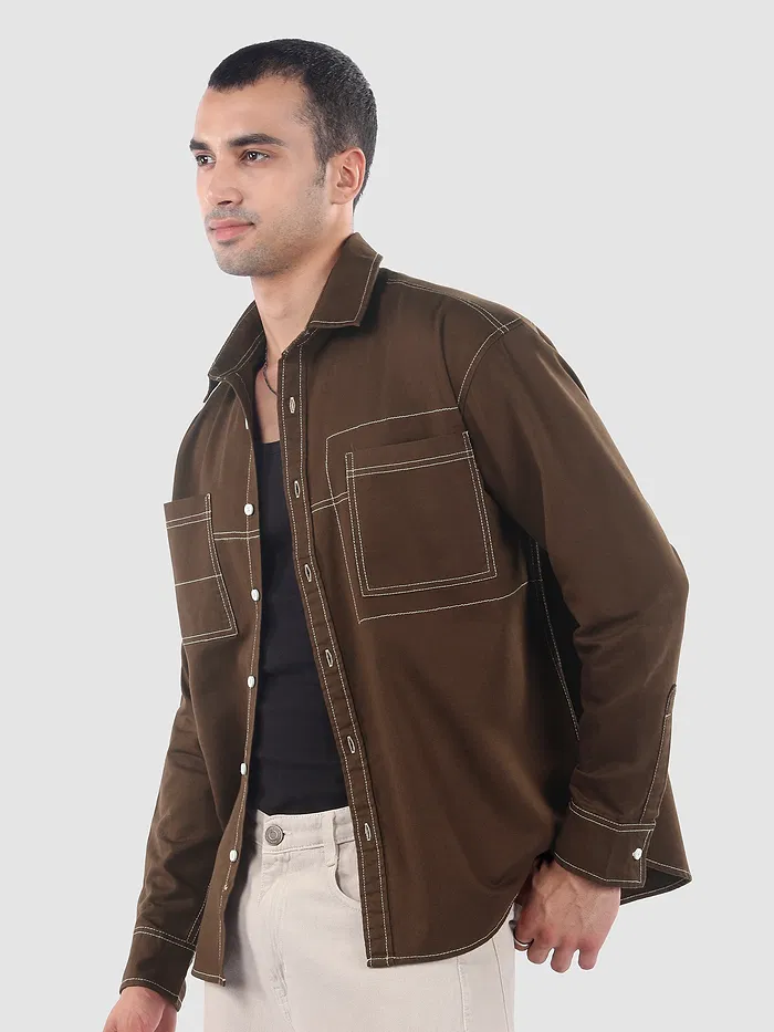 Brown Dual Pocket Contrast Stitch Shirt