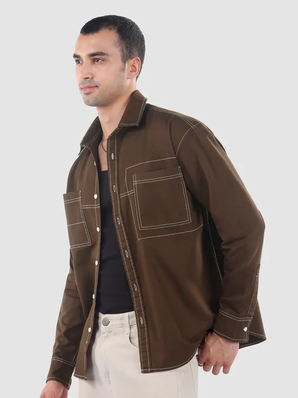 Brown Dual Pocket Contrast Stitch Shirt