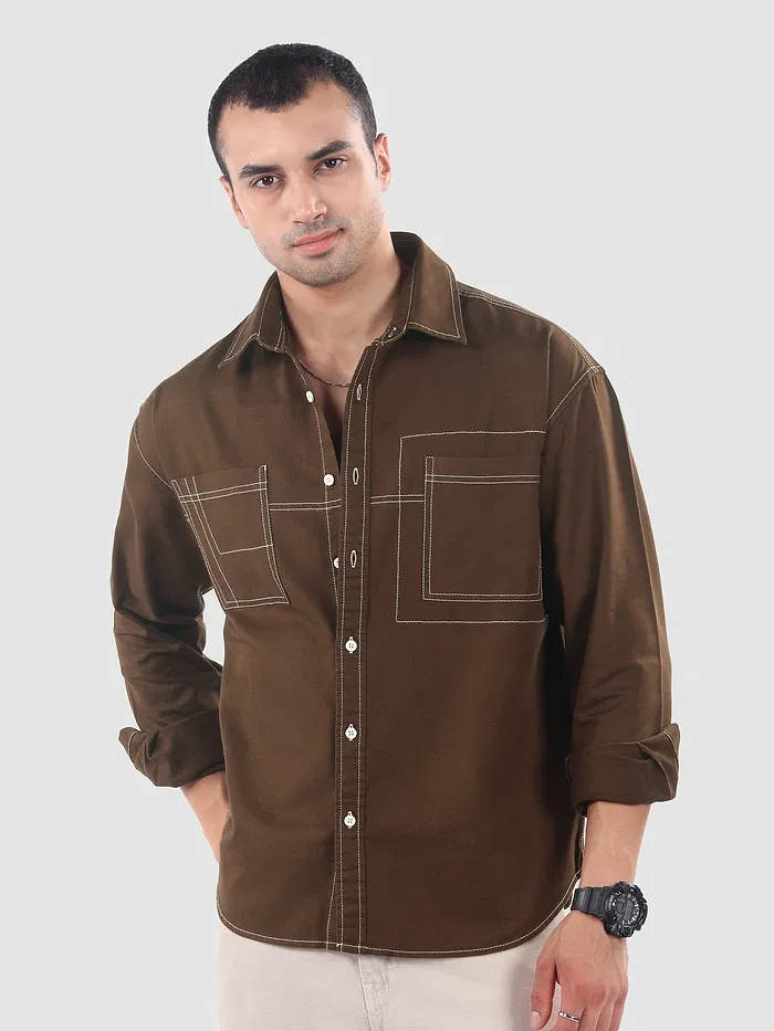 Brown Dual Pocket Contrast Stitch Shirt