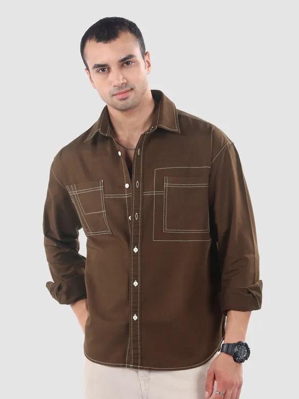 Brown Dual Pocket Contrast Stitch Shirt