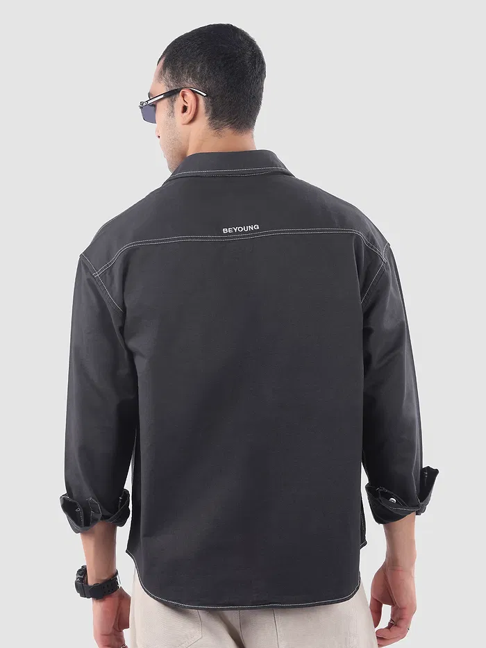 Dark Grey Dual Pocket Contrast Stitch Shirt
