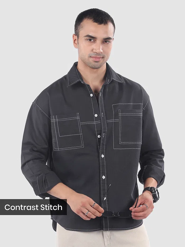 Dark Grey Dual Pocket Contrast Stitch Shirt