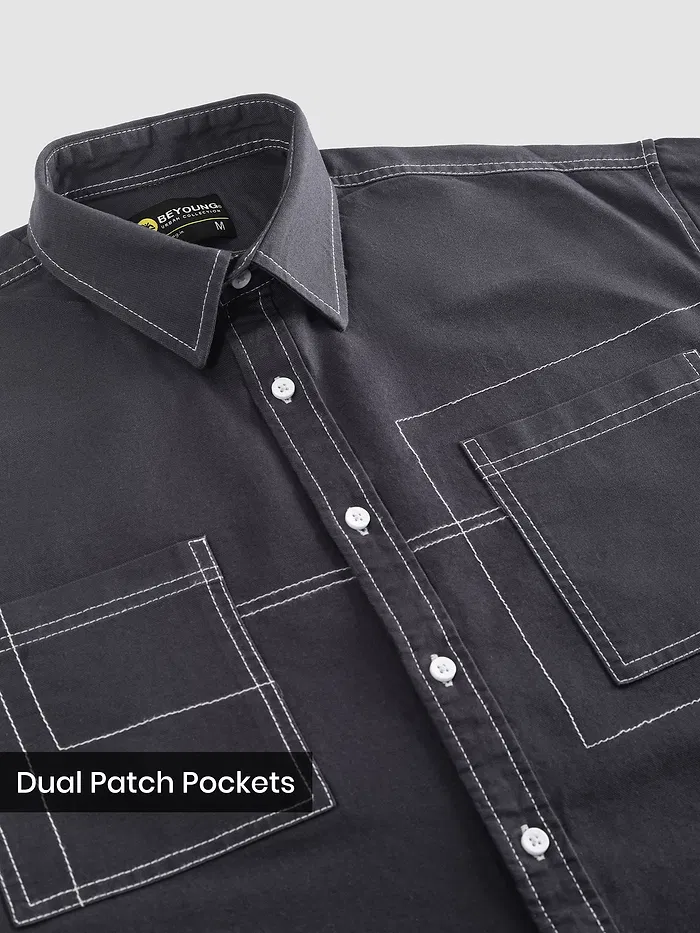 Dark Grey Dual Pocket Contrast Stitch Shirt